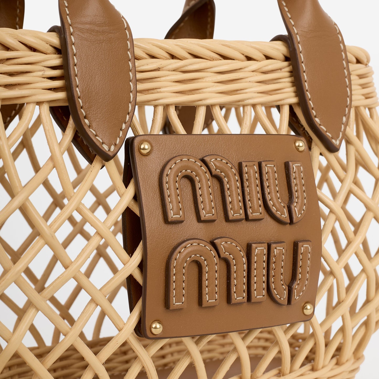 Miu Miu Mini Woven Basket - Natural Rattan Calfskin | Gold Hardware