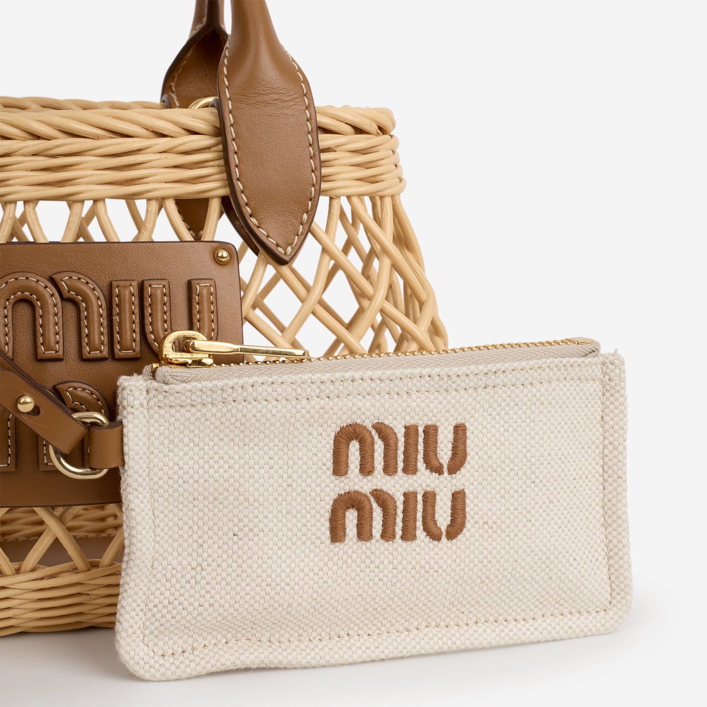 Miu Miu Mini Woven Basket - Natural Rattan Calfskin | Gold Hardware