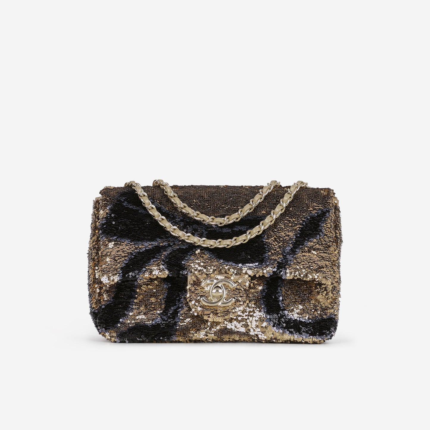 Chanel 25K Small Sequin Flap - Black & Gold Bow Sequins | Gold Hardware