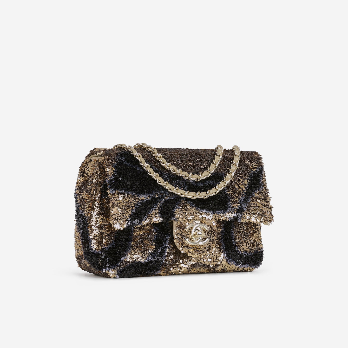 Chanel 25K Small Sequin Flap - Black & Gold Bow Sequins | Gold Hardware