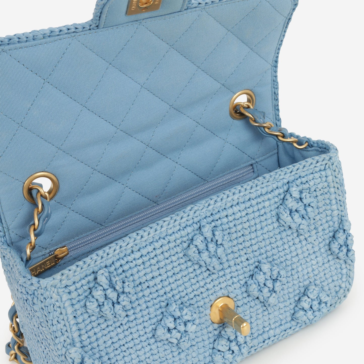 Chanel 24P Small Dolce Flap - Blue Braided Raffia | Gold Hardware