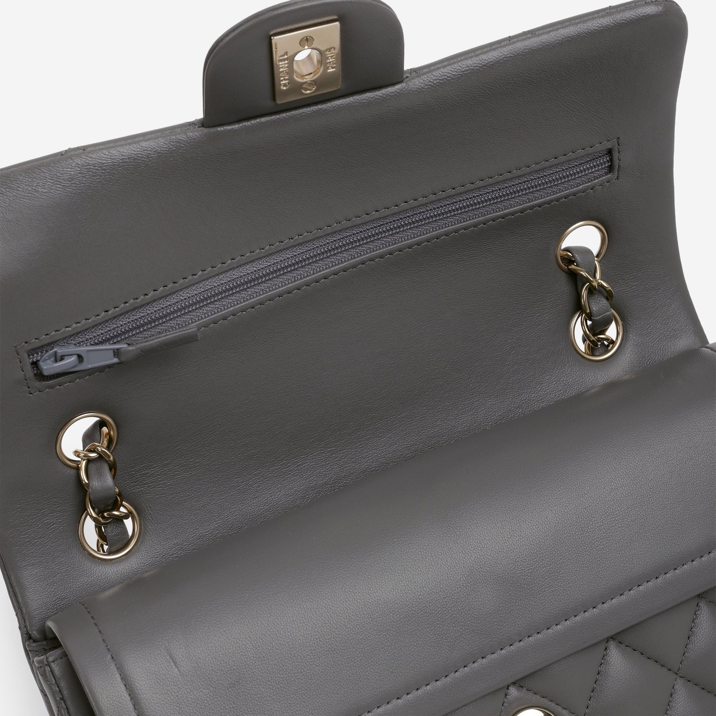 Chanel Small Classic Flap - Dark Grey Lambskin | Champagne Gold Hardware