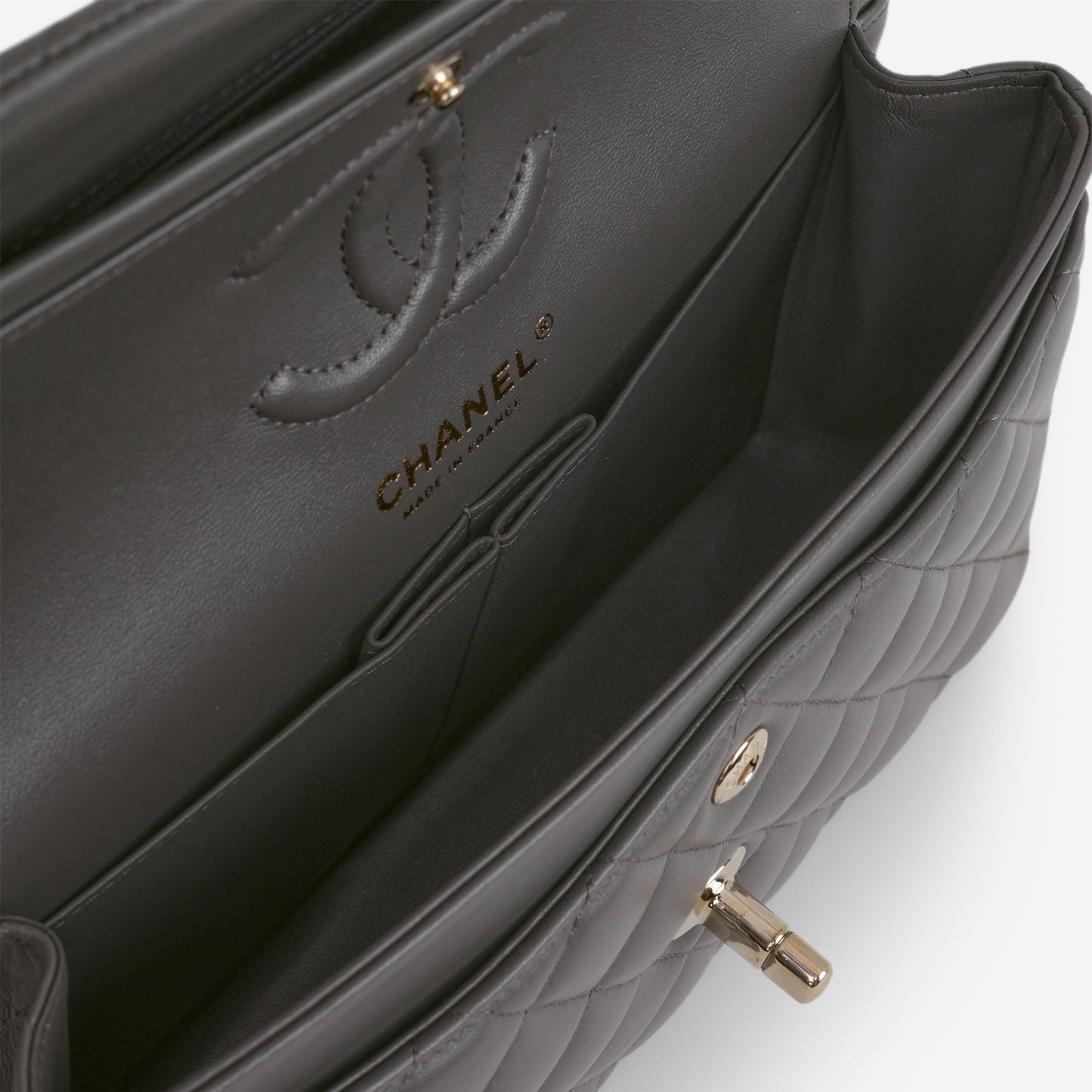 Chanel Small Classic Flap - Dark Grey Lambskin | Champagne Gold Hardware