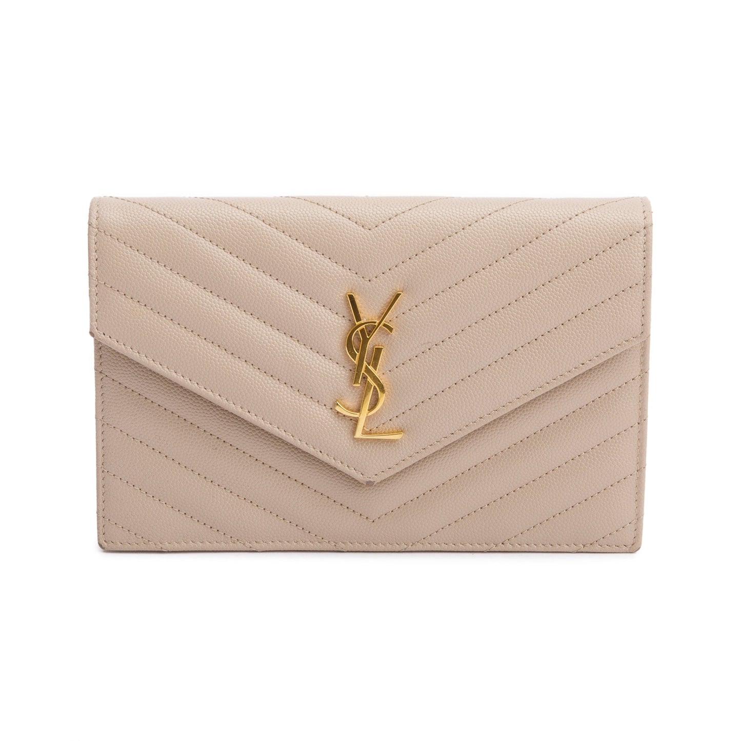 Saint Laurent 2020 Beige Grain De Poudre Leather Cassandre Envelope Chain Wallet