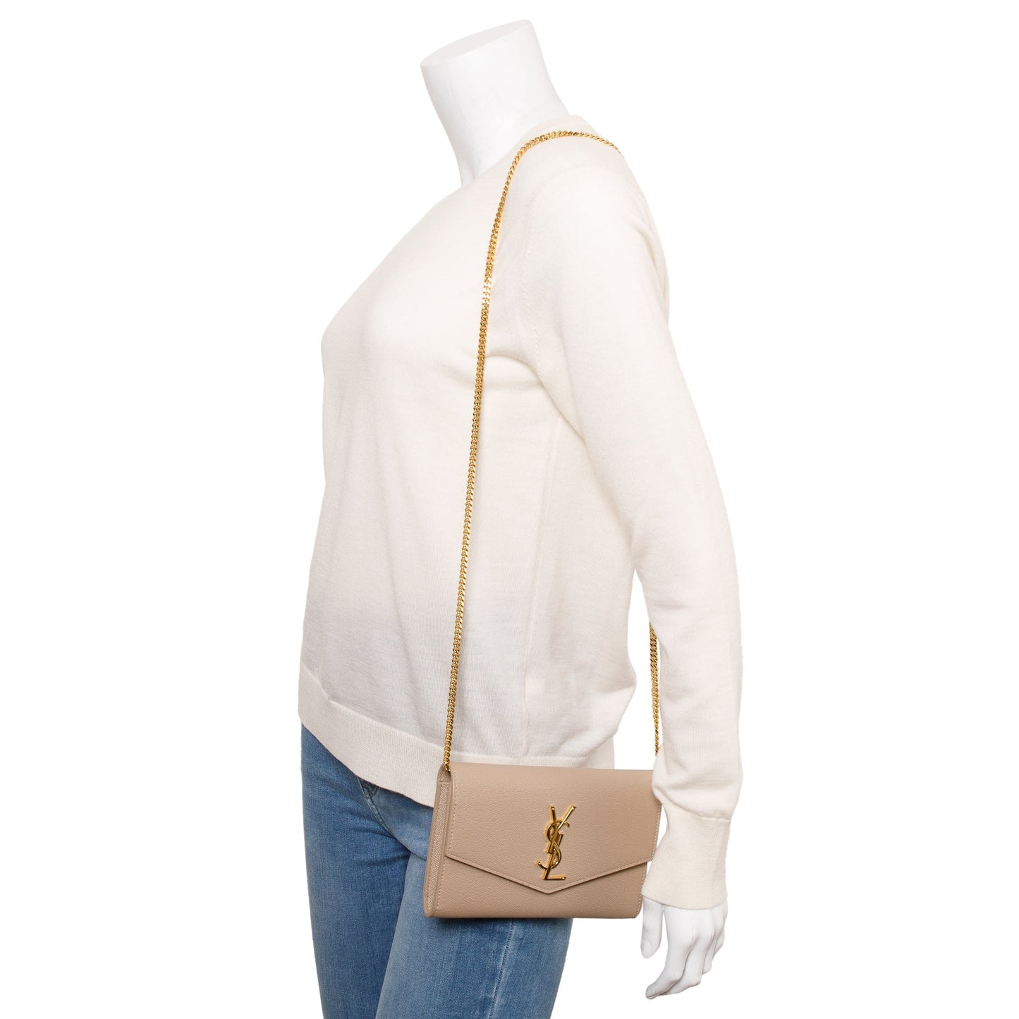 Saint Laurent 2020 Beige Grain De Poudre Leather Uptown Chain Wallet