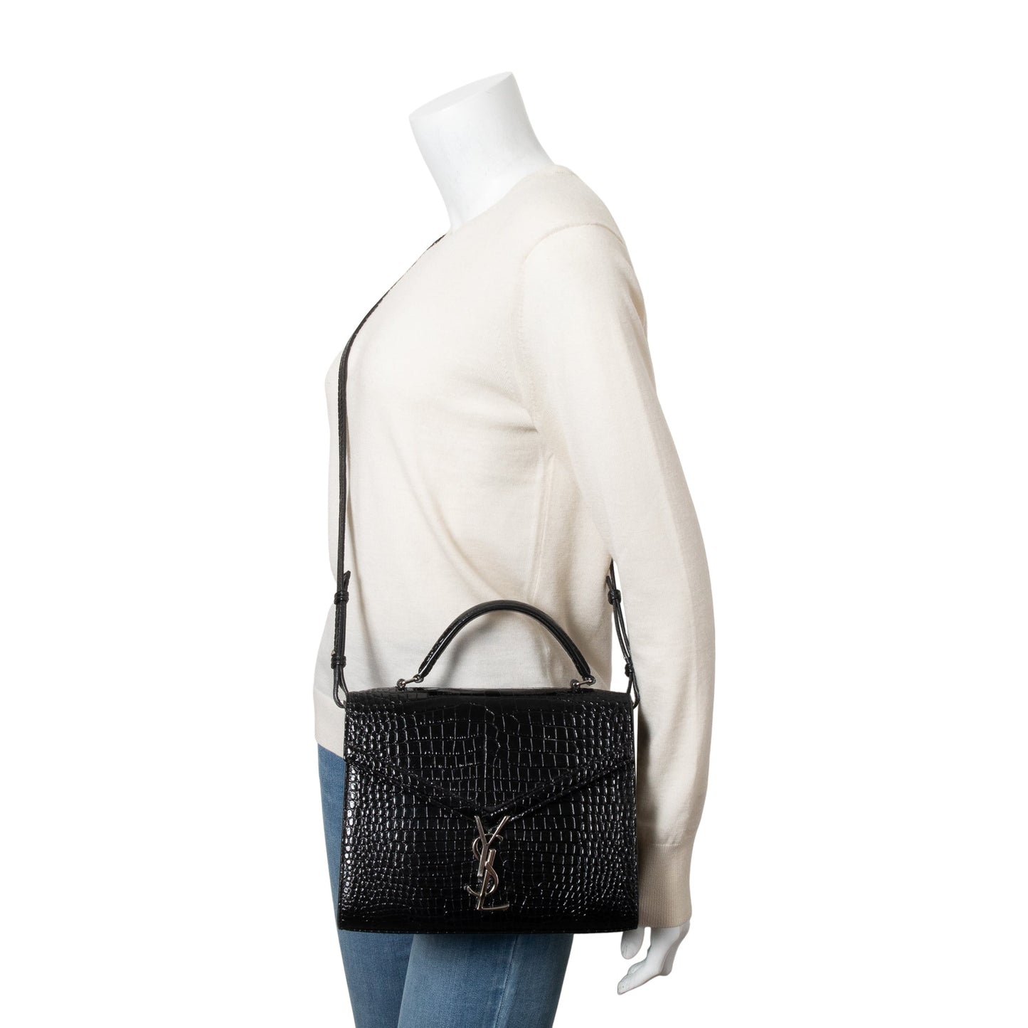 Saint Laurent 2020 Black Croc-Embossed Leather Cassandra Medium Top Handle Bag