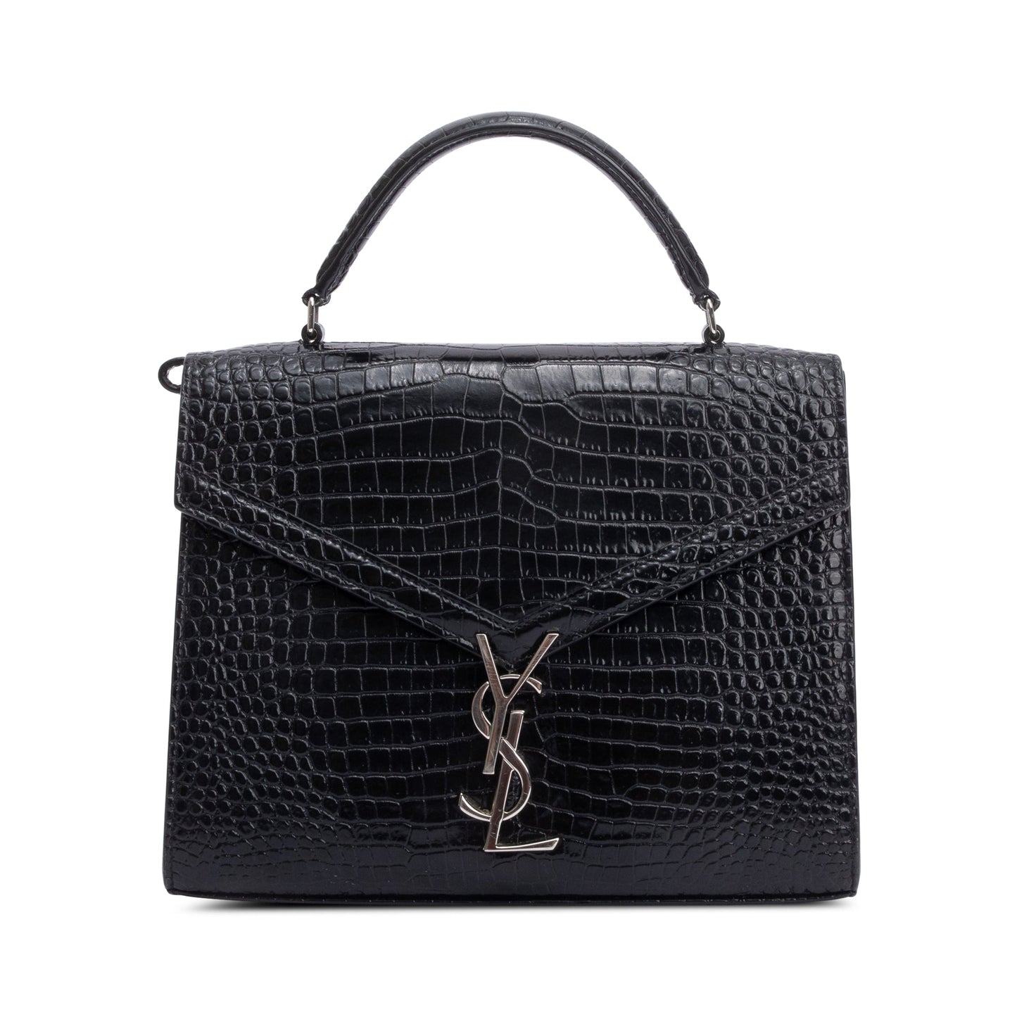 Saint Laurent 2020 Black Croc-Embossed Leather Cassandra Medium Top Handle Bag