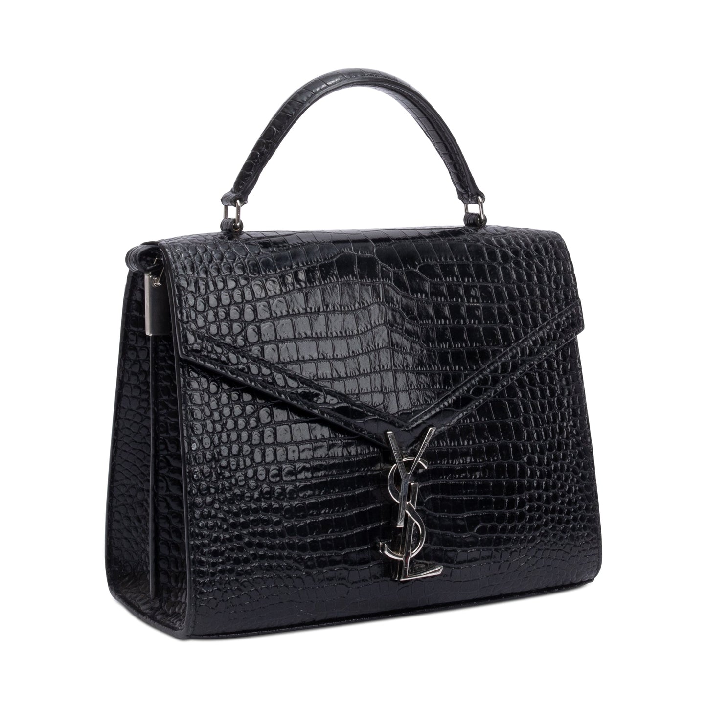 Saint Laurent 2020 Black Croc-Embossed Leather Cassandra Medium Top Handle Bag