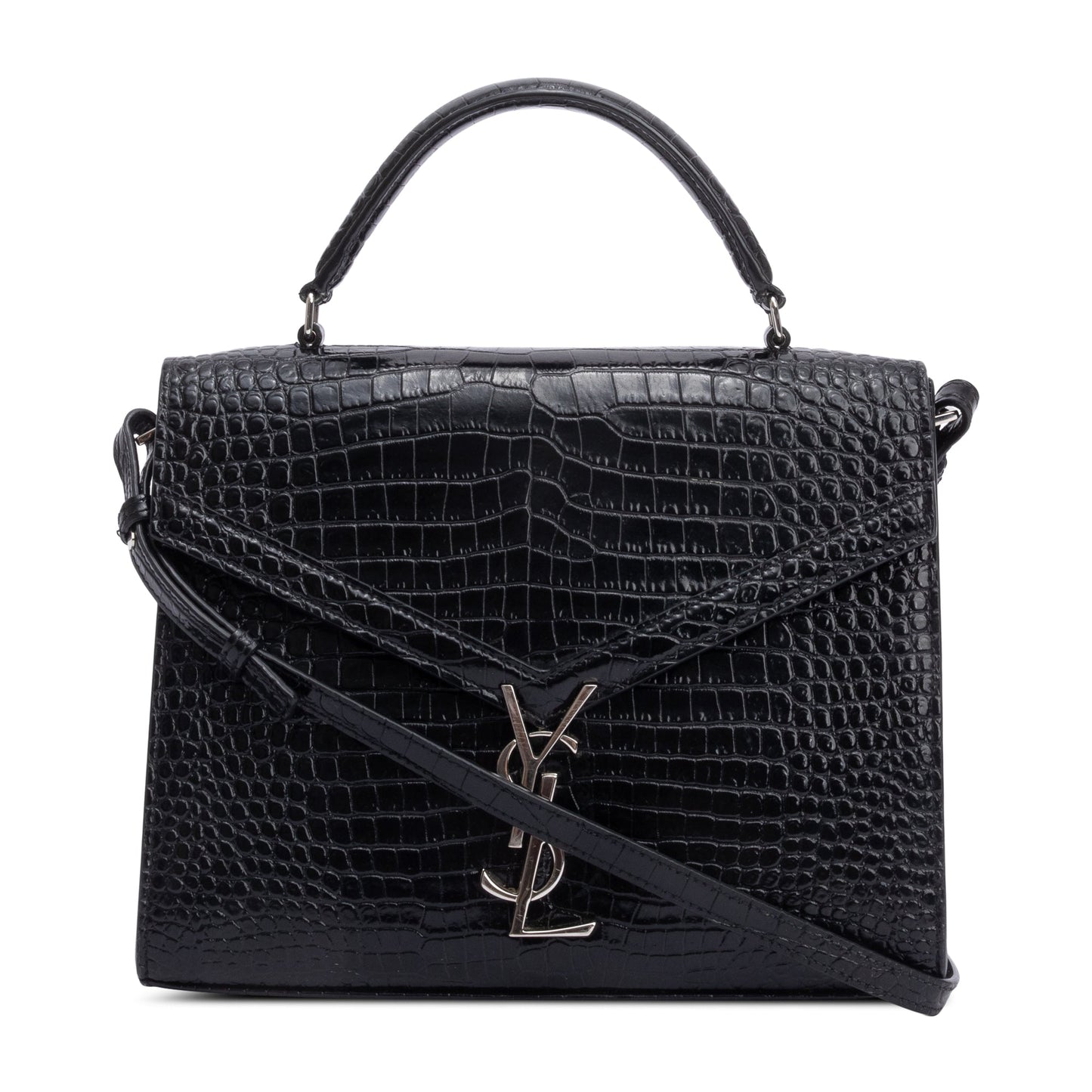 Saint Laurent 2020 Black Croc-Embossed Leather Cassandra Medium Top Handle Bag