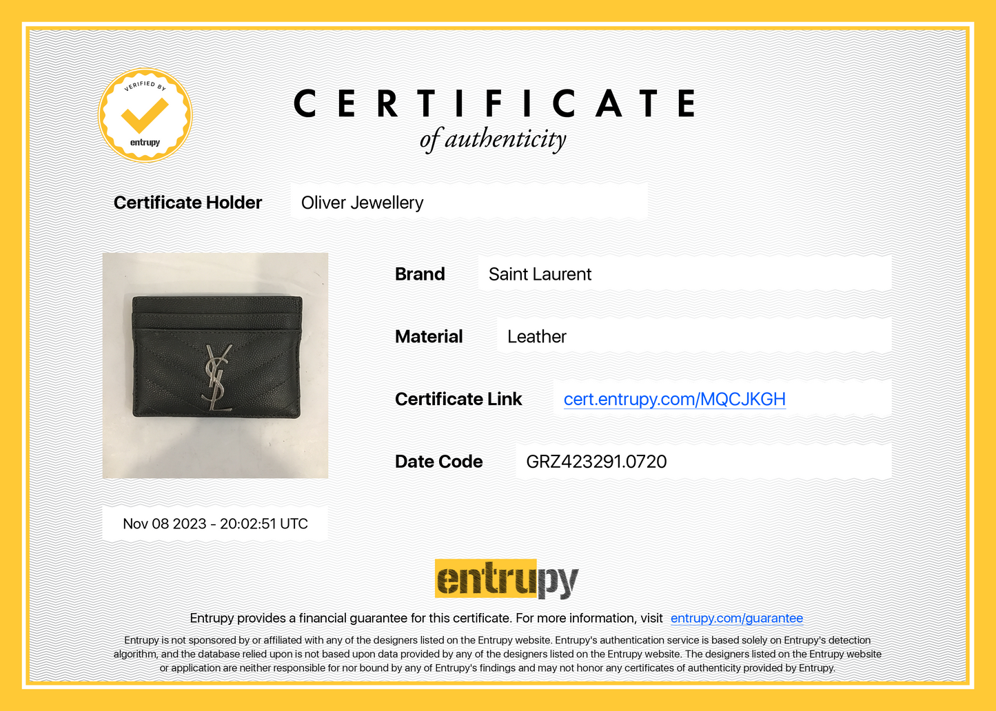 Saint Laurent 2020 Grey Grain De Poudre Leather Cassandre Matelasse Card Case