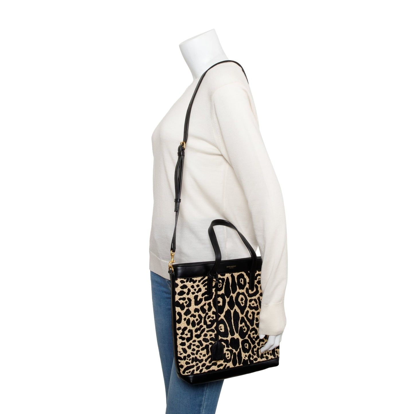 Saint Laurent 2021 Black Calfskin Leather Neutral Jaguar Raffia Toy Shopping Tote