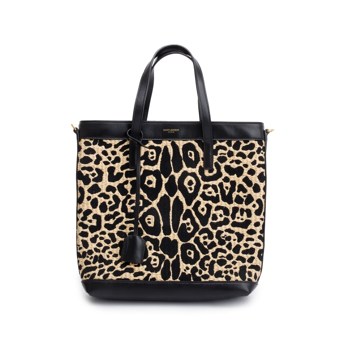 Saint Laurent 2021 Black Calfskin Leather Neutral Jaguar Raffia Toy Shopping Tote