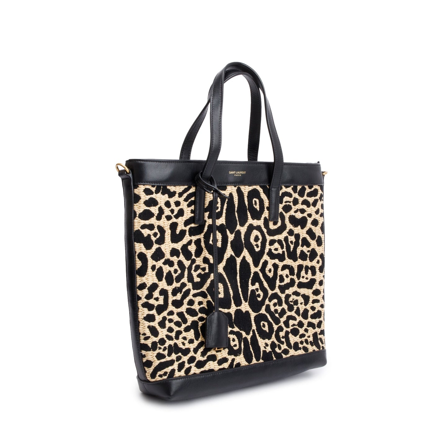 Saint Laurent 2021 Black Calfskin Leather Neutral Jaguar Raffia Toy Shopping Tote