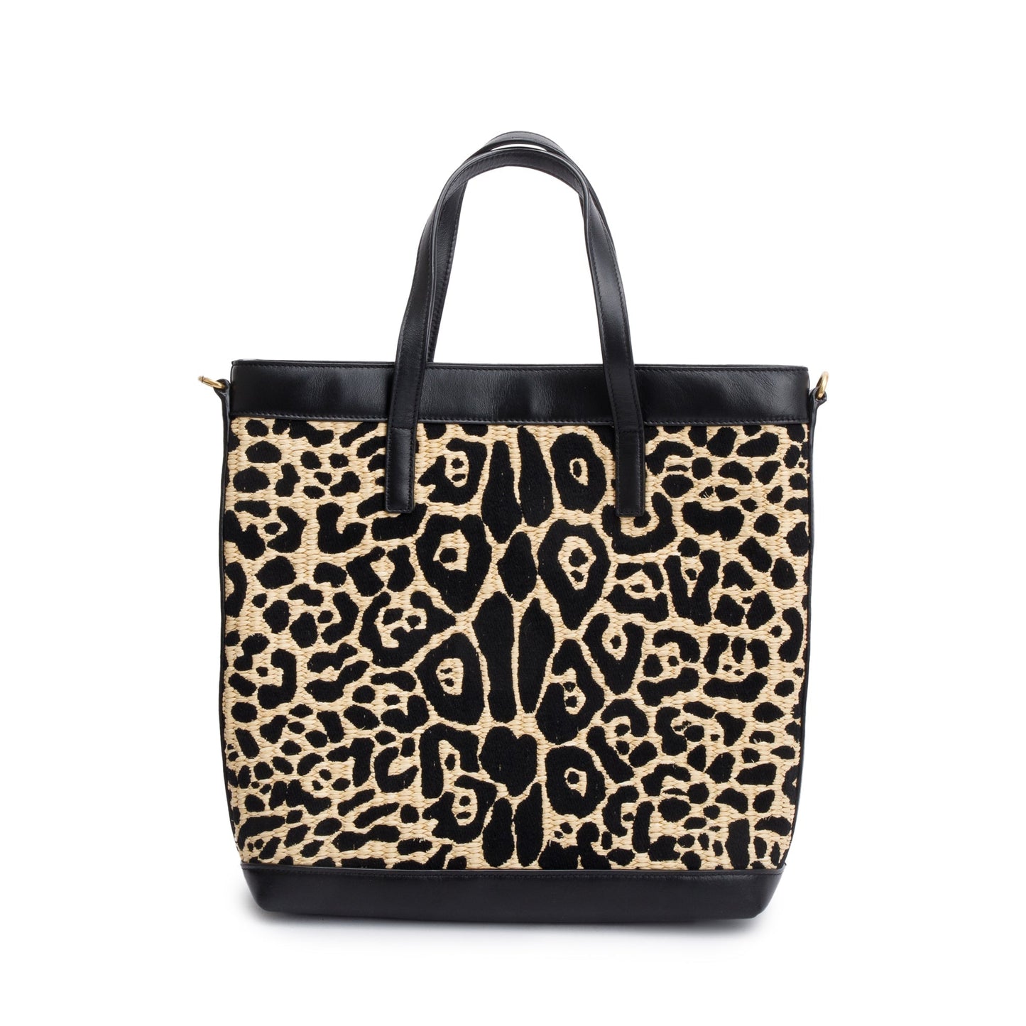 Saint Laurent 2021 Black Calfskin Leather Neutral Jaguar Raffia Toy Shopping Tote