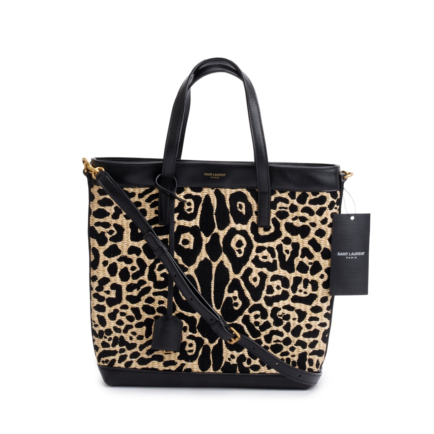 Saint Laurent 2021 Black Calfskin Leather Neutral Jaguar Raffia Toy Shopping Tote