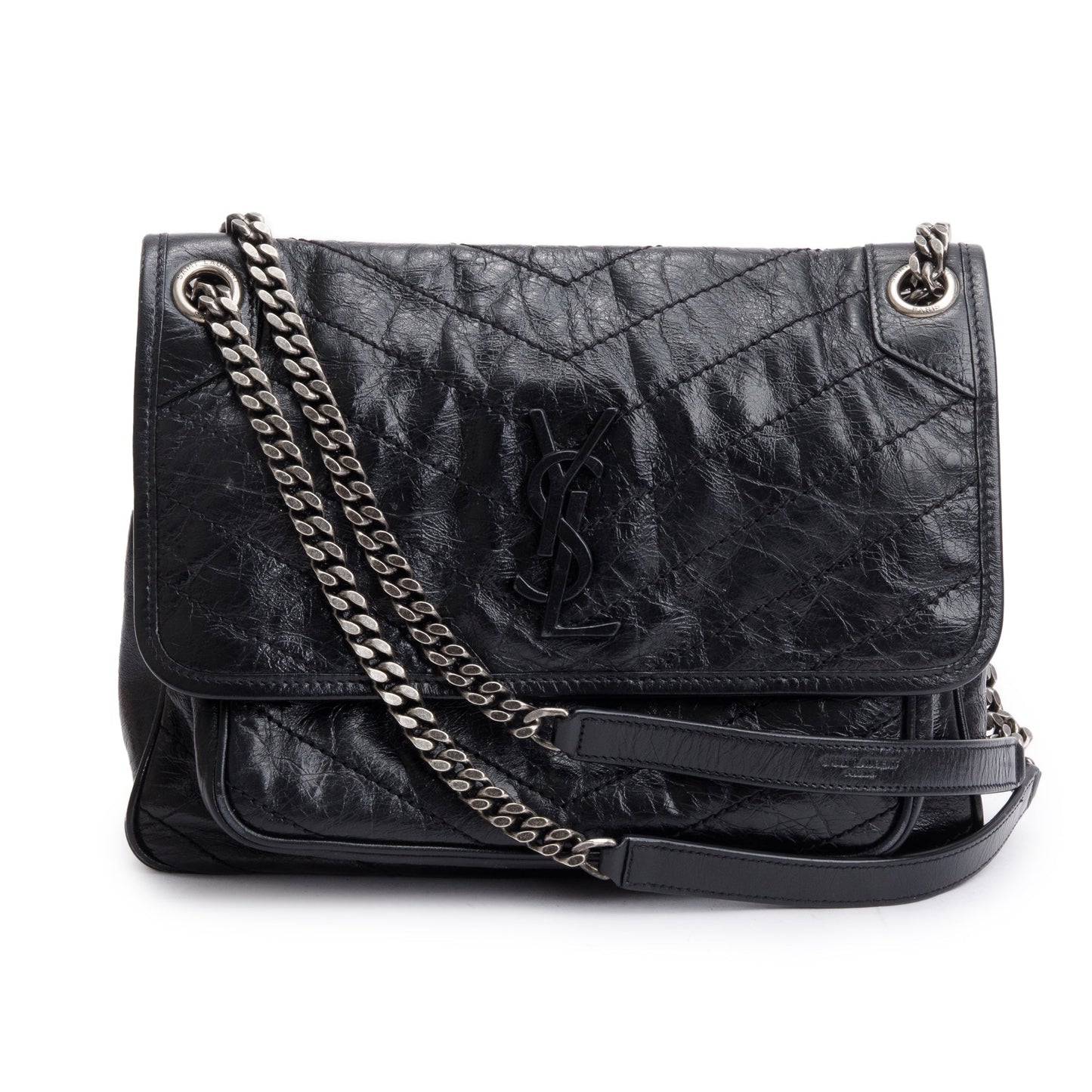 Saint Laurent 2021 Black Crinkled Calfskin Leather Medium Niki Shoulder Bag