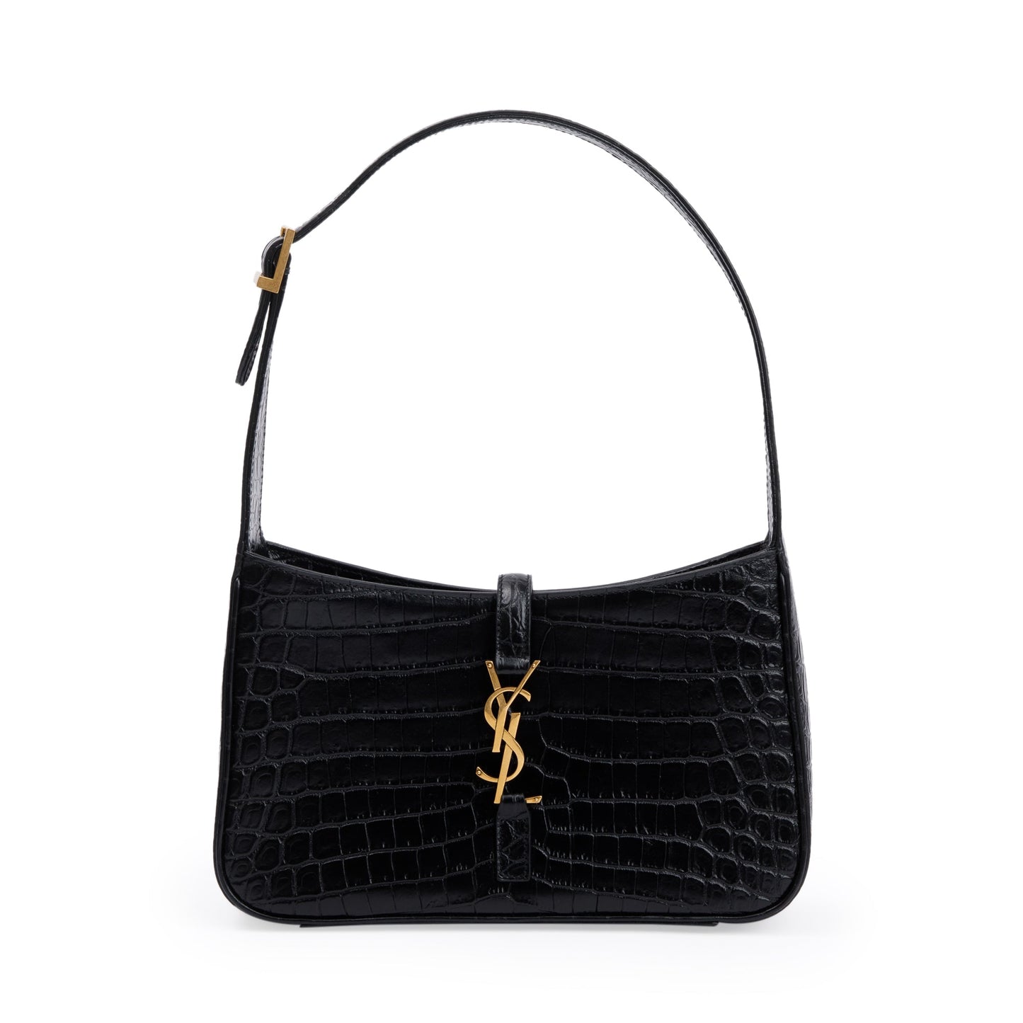 Saint Laurent 2021 Black Croc Embossed Shiny Leather Le 5 A 7 Hobo Bag