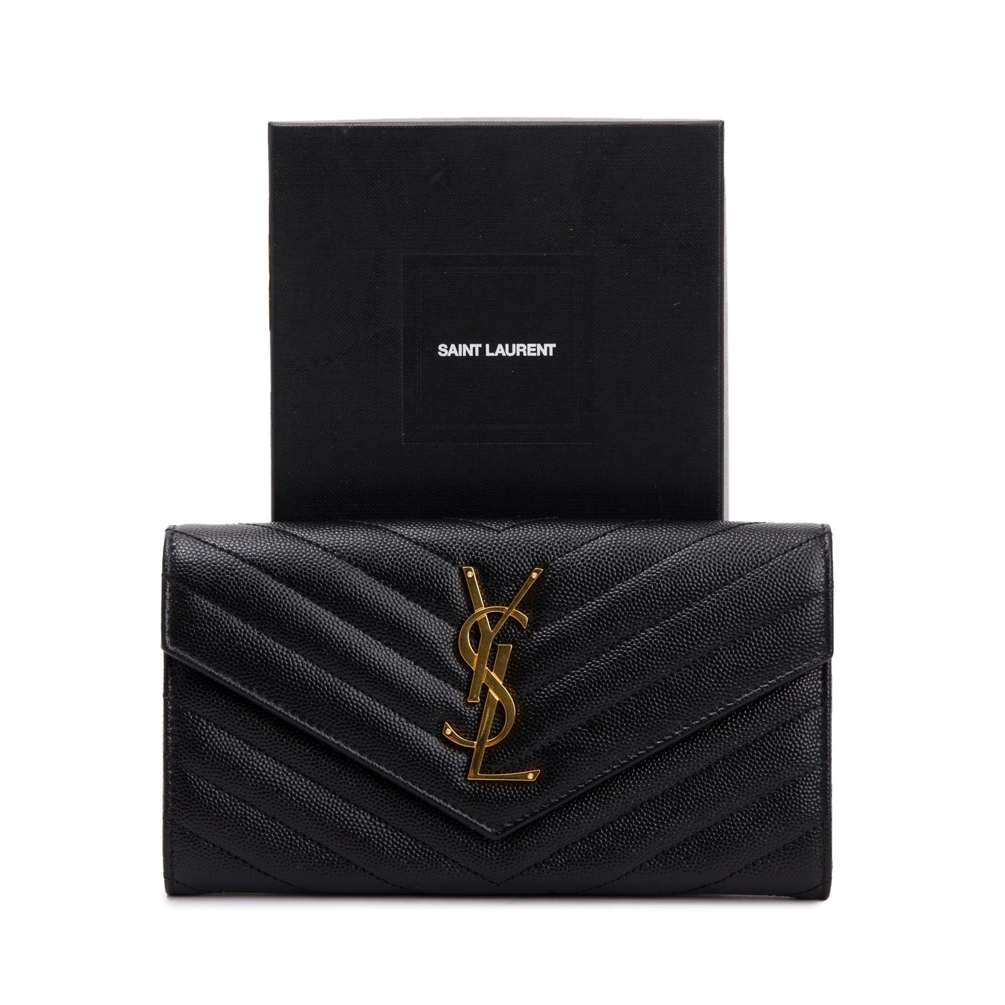 Saint Laurent 2021 Black Grain De Poudre Leather Cassandre Matelasse Large Flap Wallet