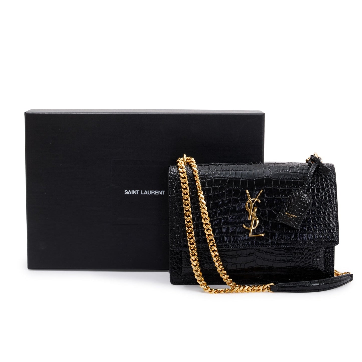 Saint Laurent 2021 Black Medium Crocodile Embossed Sunset Bag