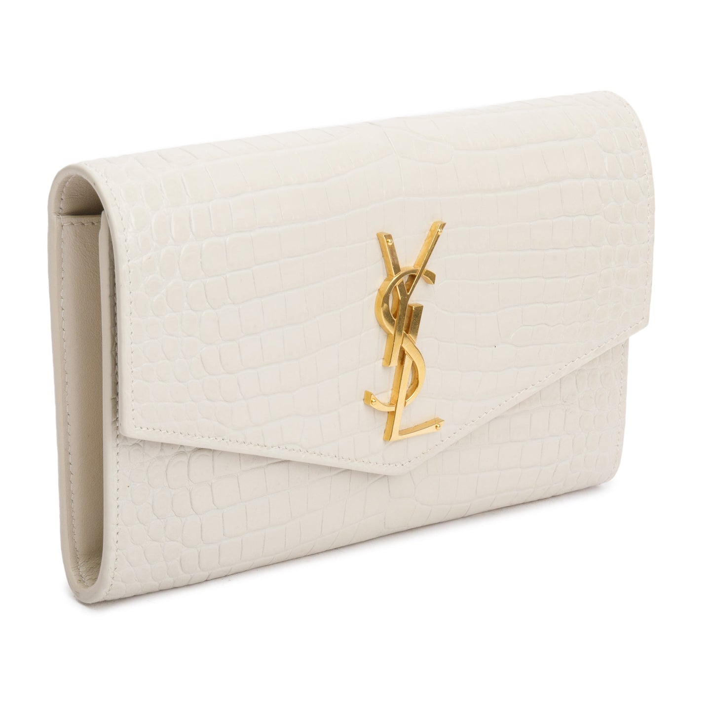 Saint Laurent 2021 Neutral Crocodile Embossed Leather Uptown Chain Wallet