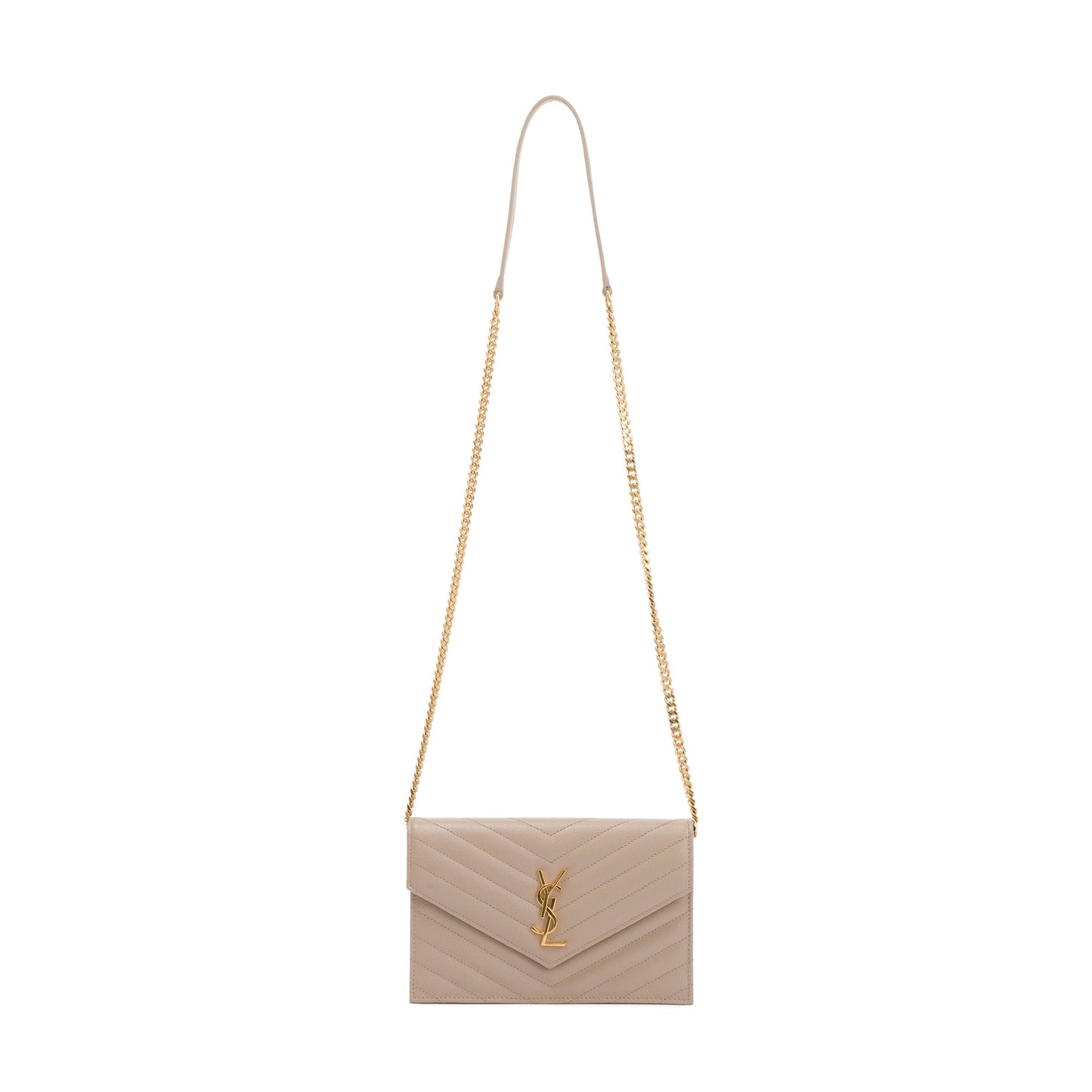 Saint Laurent 2022 Beige Cassandre Matelasse Envelope Chain Wallet