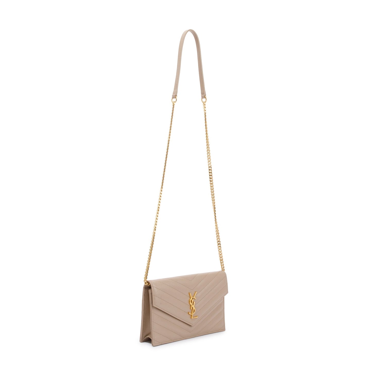 Saint Laurent 2022 Beige Cassandre Matelasse Envelope Chain Wallet