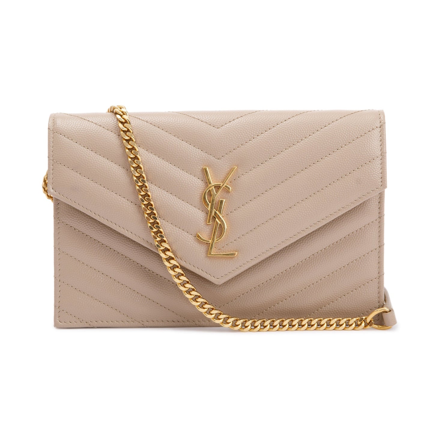 Saint Laurent 2022 Beige Cassandre Matelasse Envelope Chain Wallet