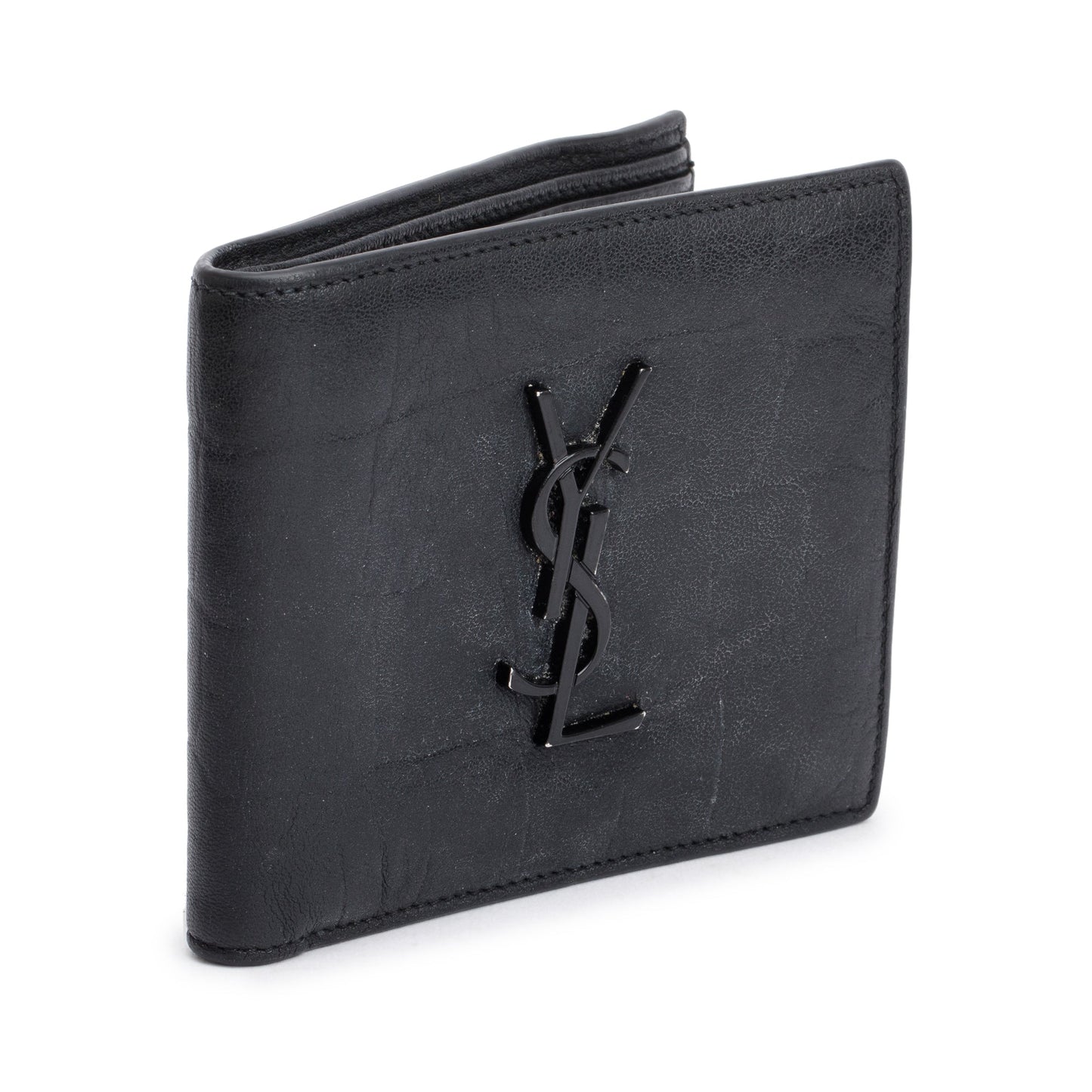 Saint Laurent 2022 Black Croc Embossed Leather Cassandre Bi-fold Wallet