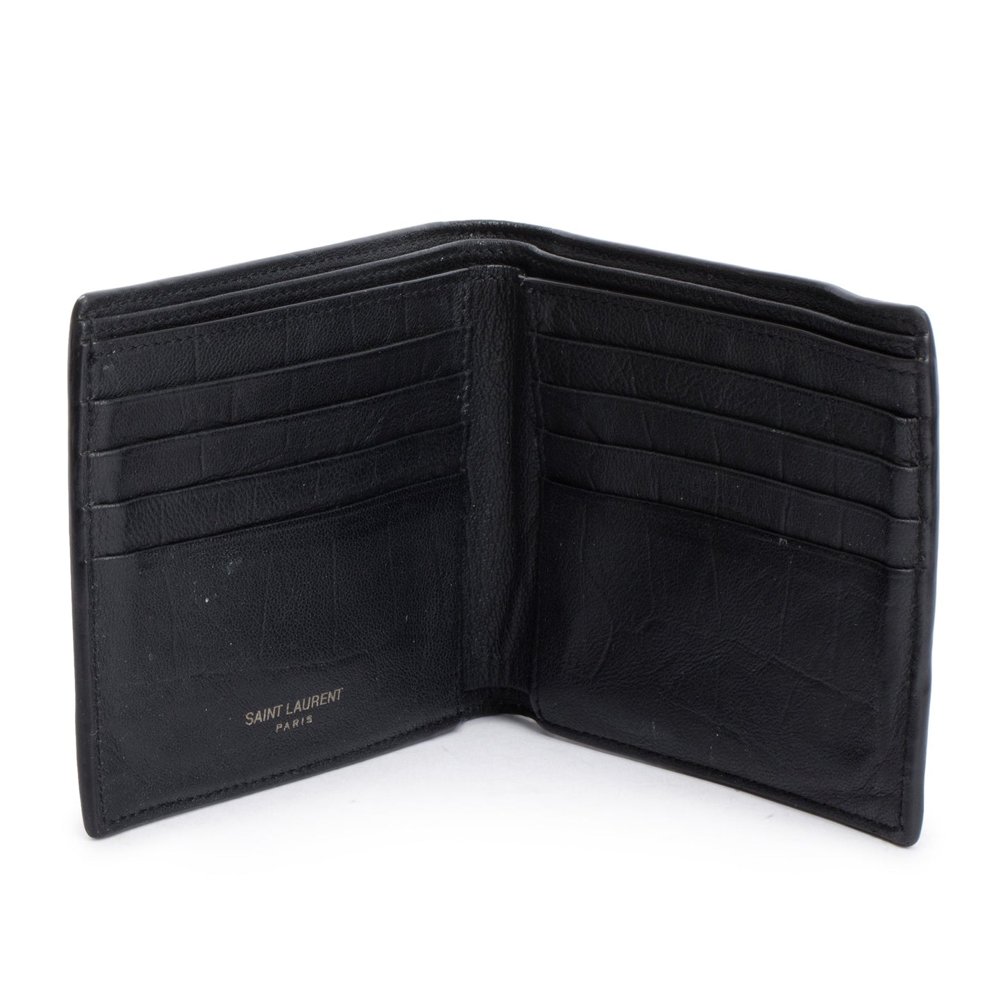 Saint Laurent 2022 Black Croc Embossed Leather Cassandre Bi-fold Wallet