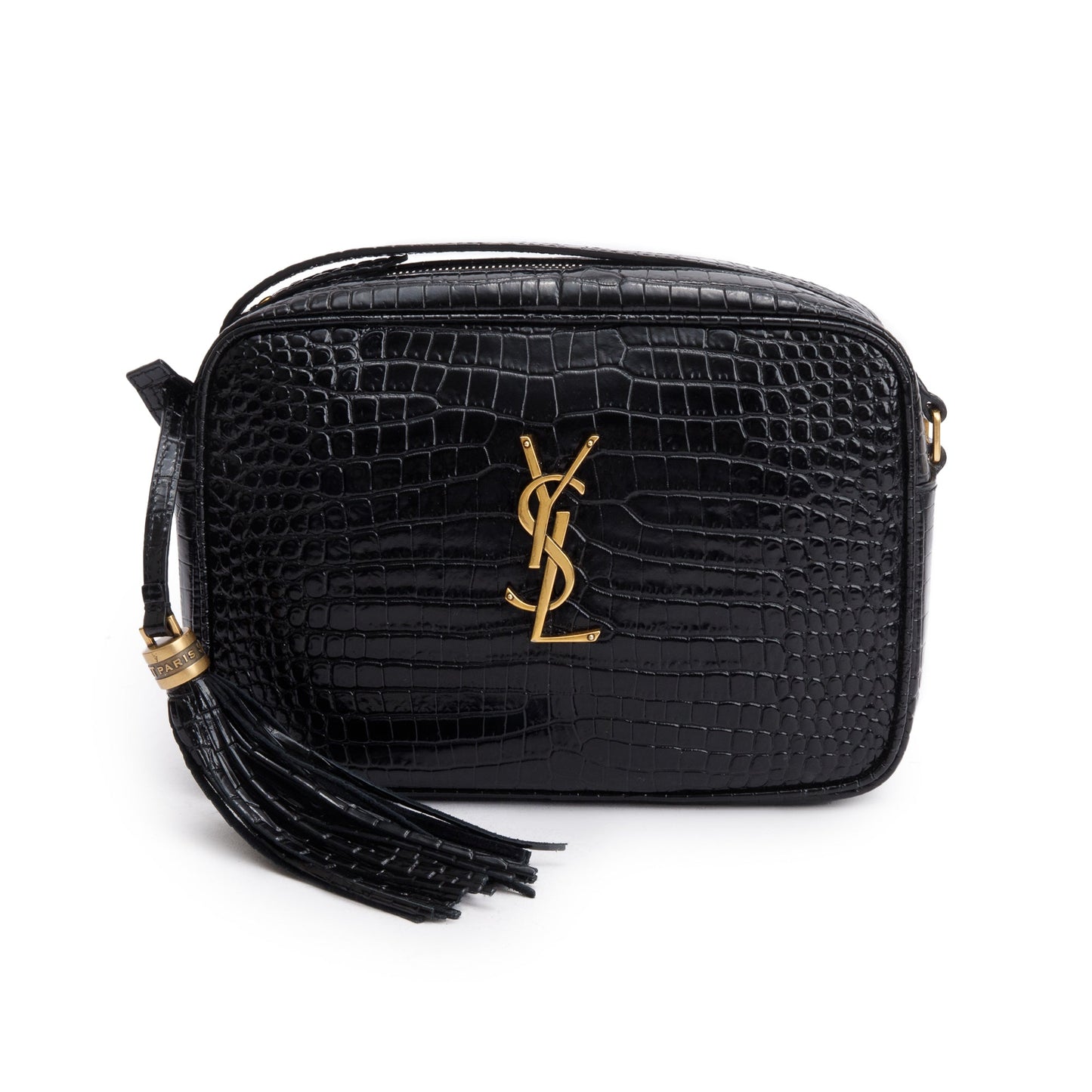 Saint Laurent 2022 Black Croc Embossed Patent Leather Lou Camera Bag