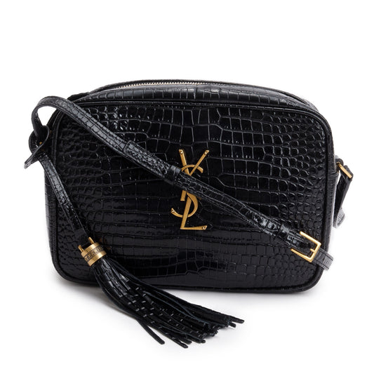 Saint Laurent 2022 Black Croc Embossed Patent Leather Lou Camera Bag