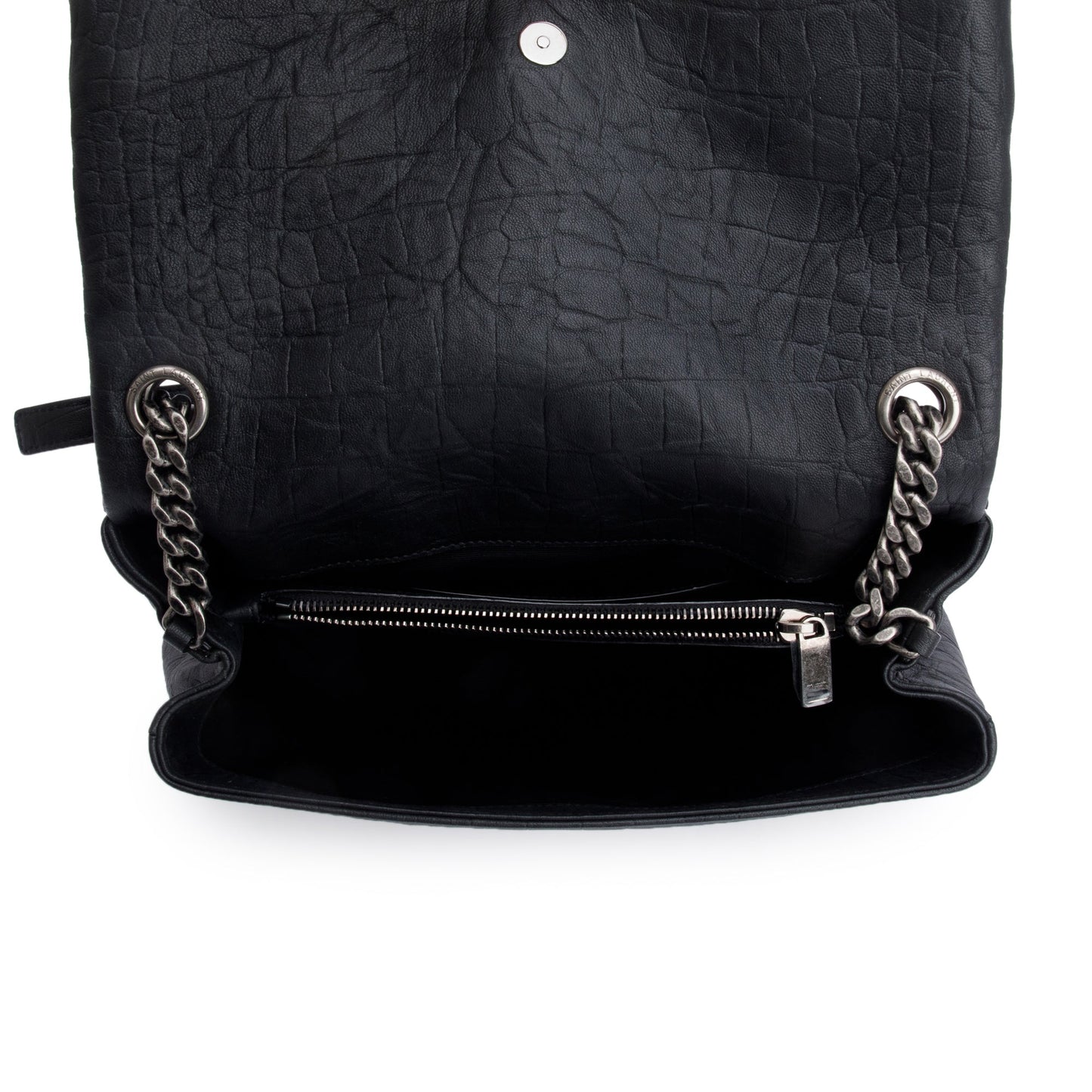Saint Laurent 2022 Black Crocodile Embossed Calfskin Leather Medium Monogram West Hollywood Fold-Over Bag
