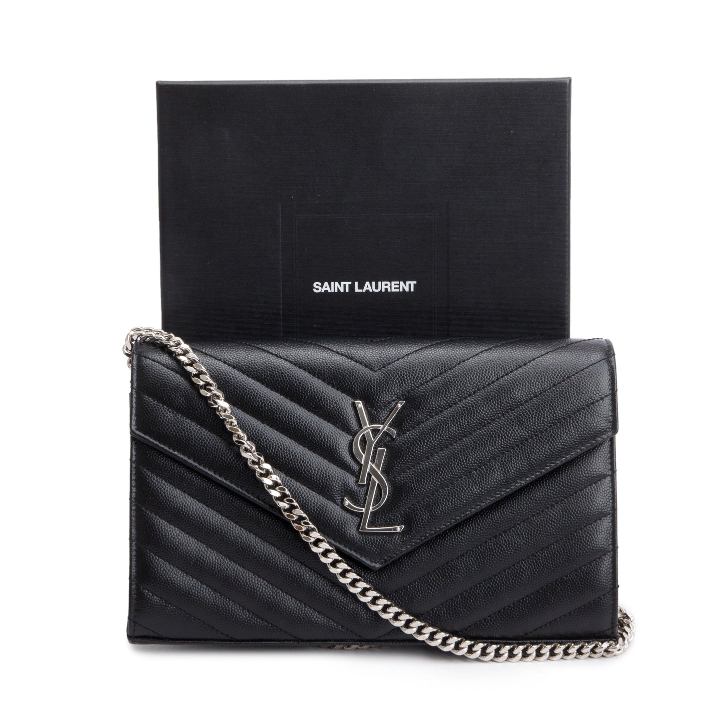 Saint Laurent 2022 Black Grain De Poudre Cassandre Envelope Chain Wallet