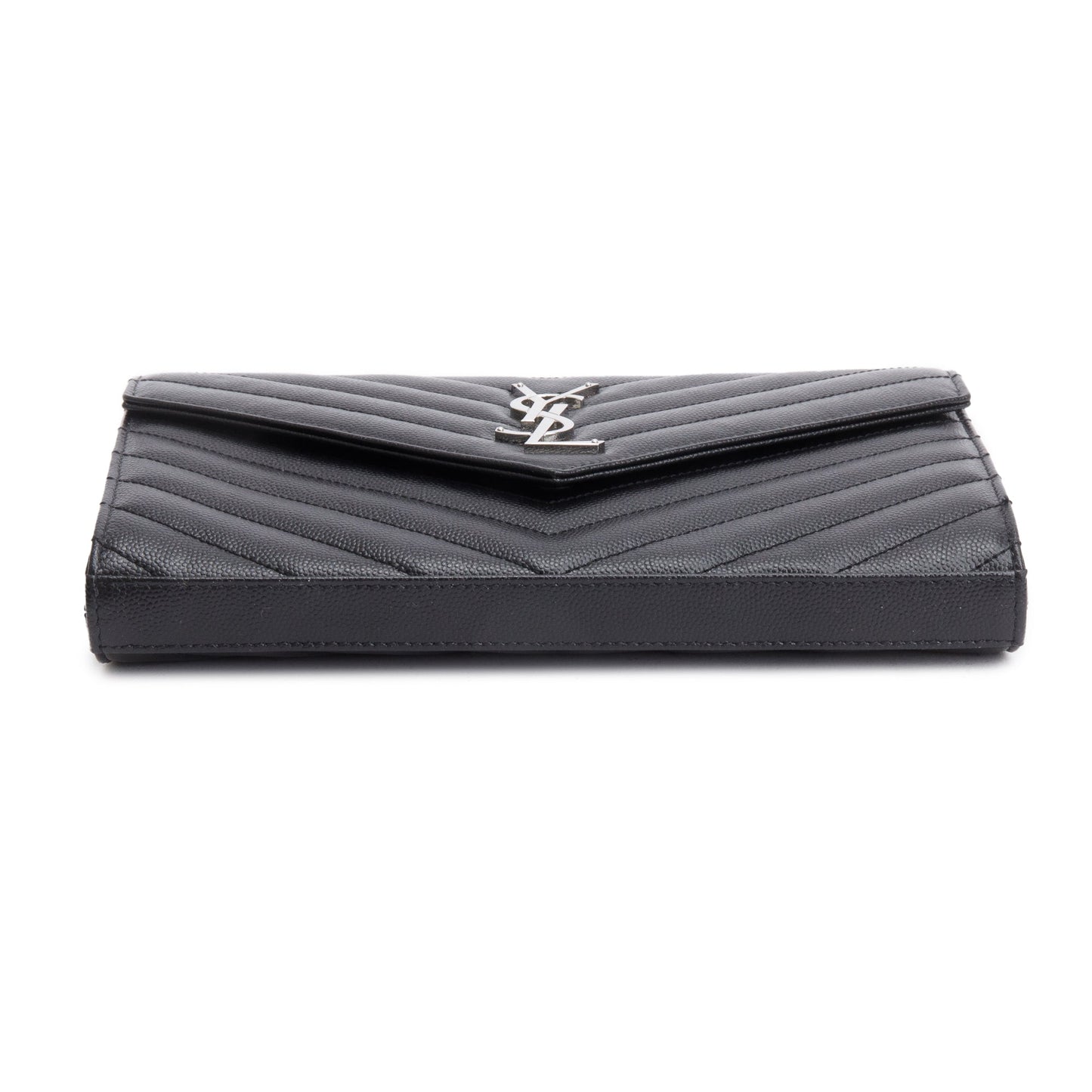 Saint Laurent 2022 Black Grain De Poudre Cassandre Envelope Chain Wallet