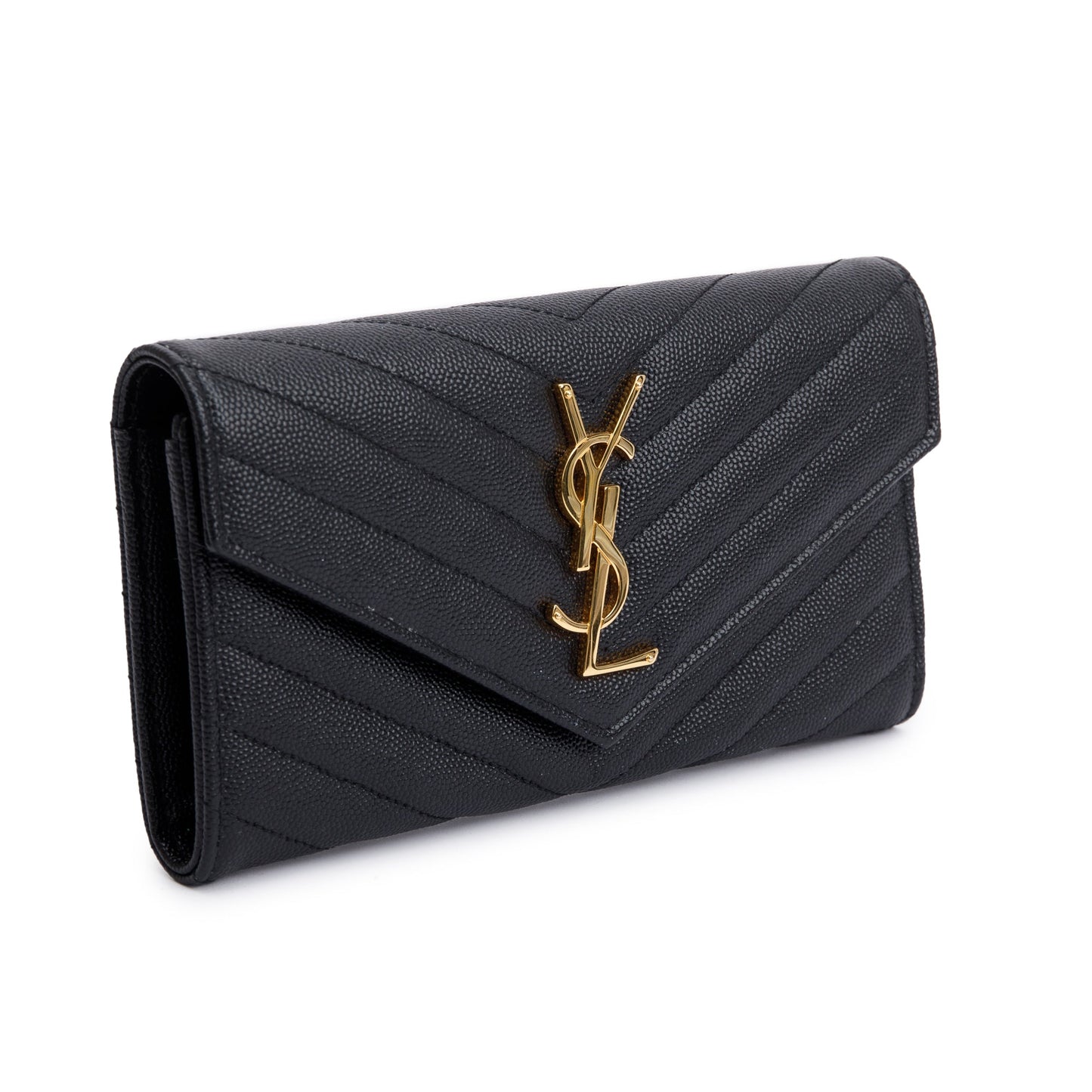Saint Laurent 2022 Black Grain De Poudre Leather Cassandre Matelasse Large Flap Wallet