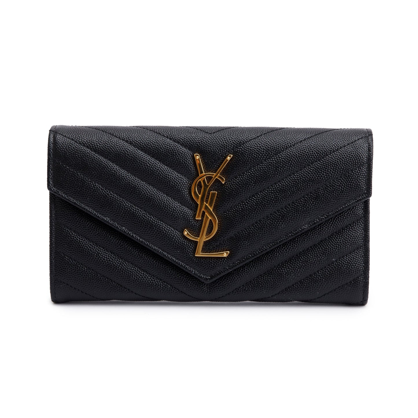 Saint Laurent 2022 Black Grain De Poudre Leather Cassandre Matelasse Large Flap Wallet