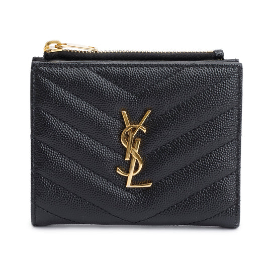Saint Laurent 2022 Black Grain de Poudre Leather Cassandre Matelasse Bi-Fold Wallet