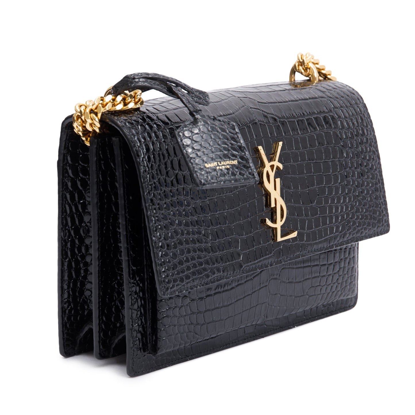 Saint Laurent 2022 Black Medium Crocodile Embossed Sunset Bag