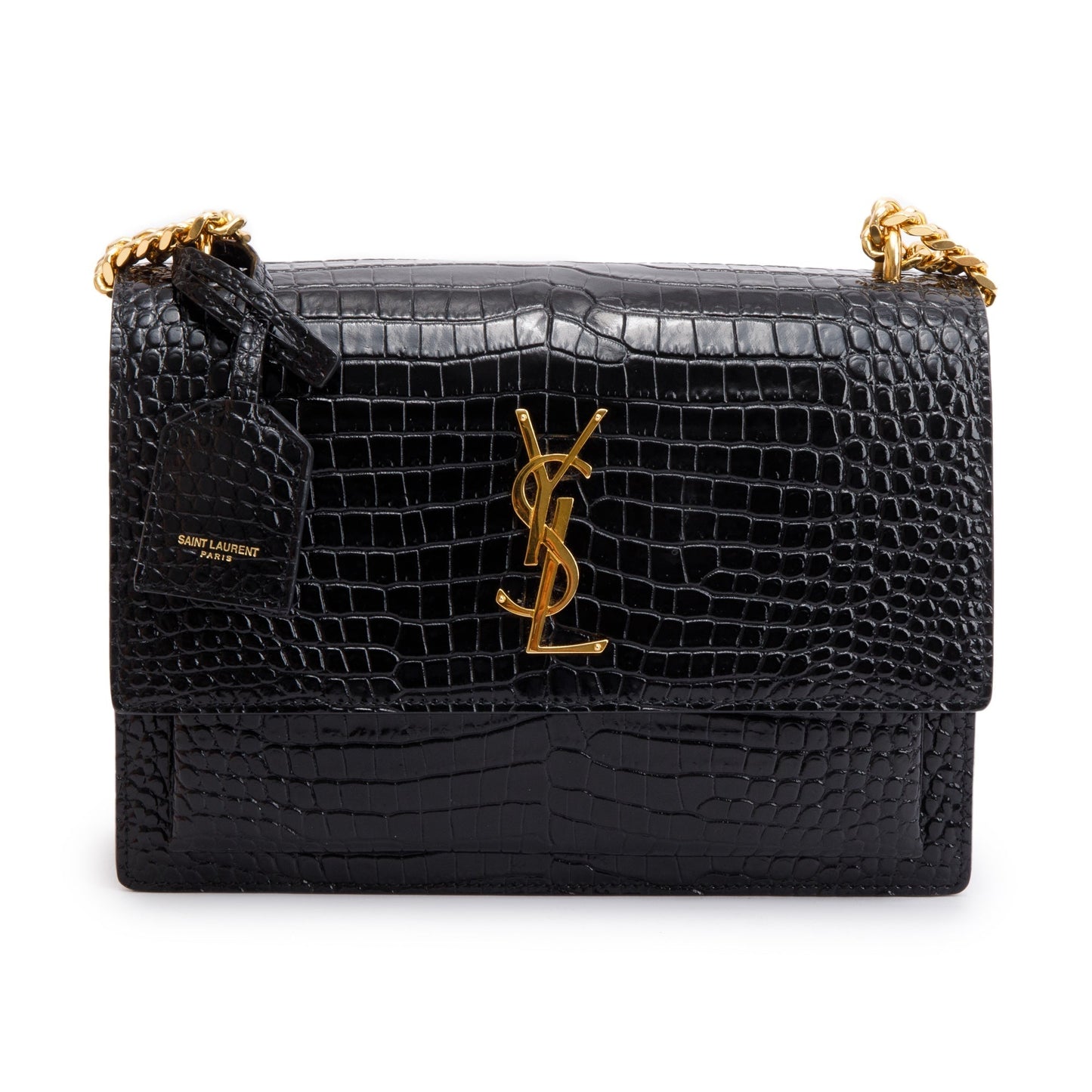 Saint Laurent 2022 Black Medium Crocodile Embossed Sunset Bag