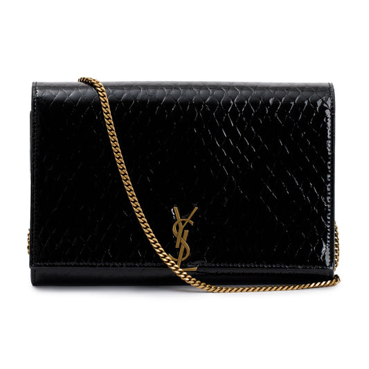 Saint Laurent 2022 Black Python Embossed Patent Leather Chain Wallet