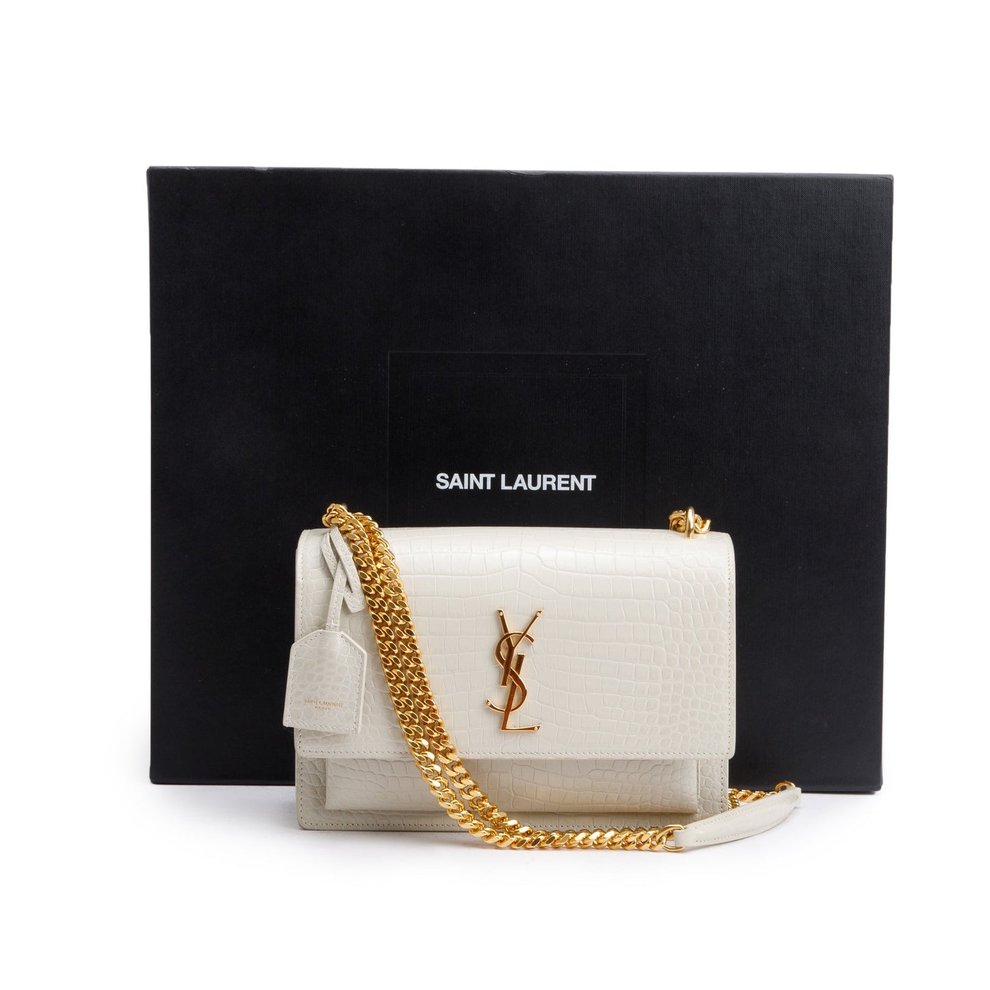 Saint Laurent 2022 Creme Medium Crocodile Embossed Sunset Bag