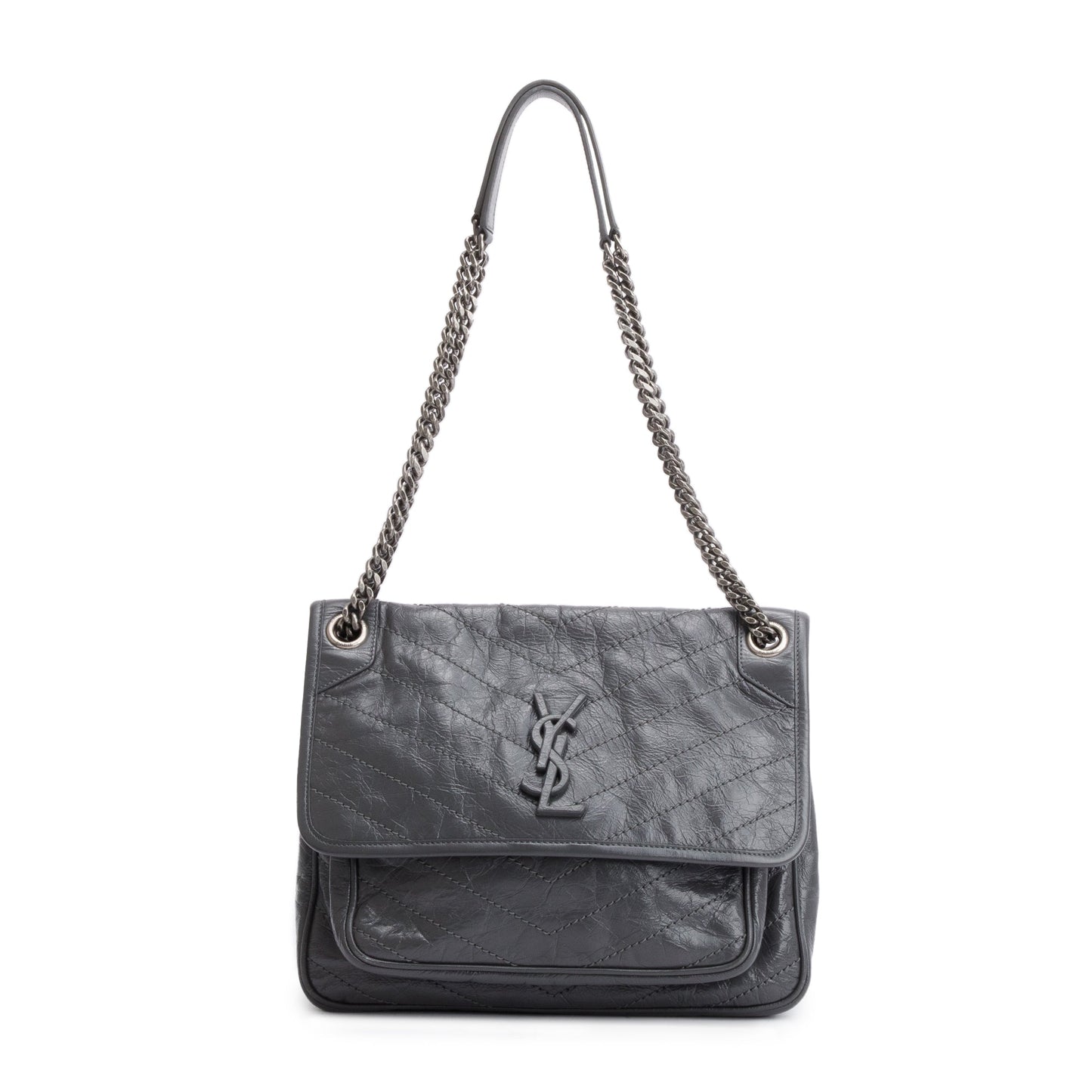 Saint Laurent 2022 Grey Crinkled Calfskin Leather Medium Niki Shoulder Bag