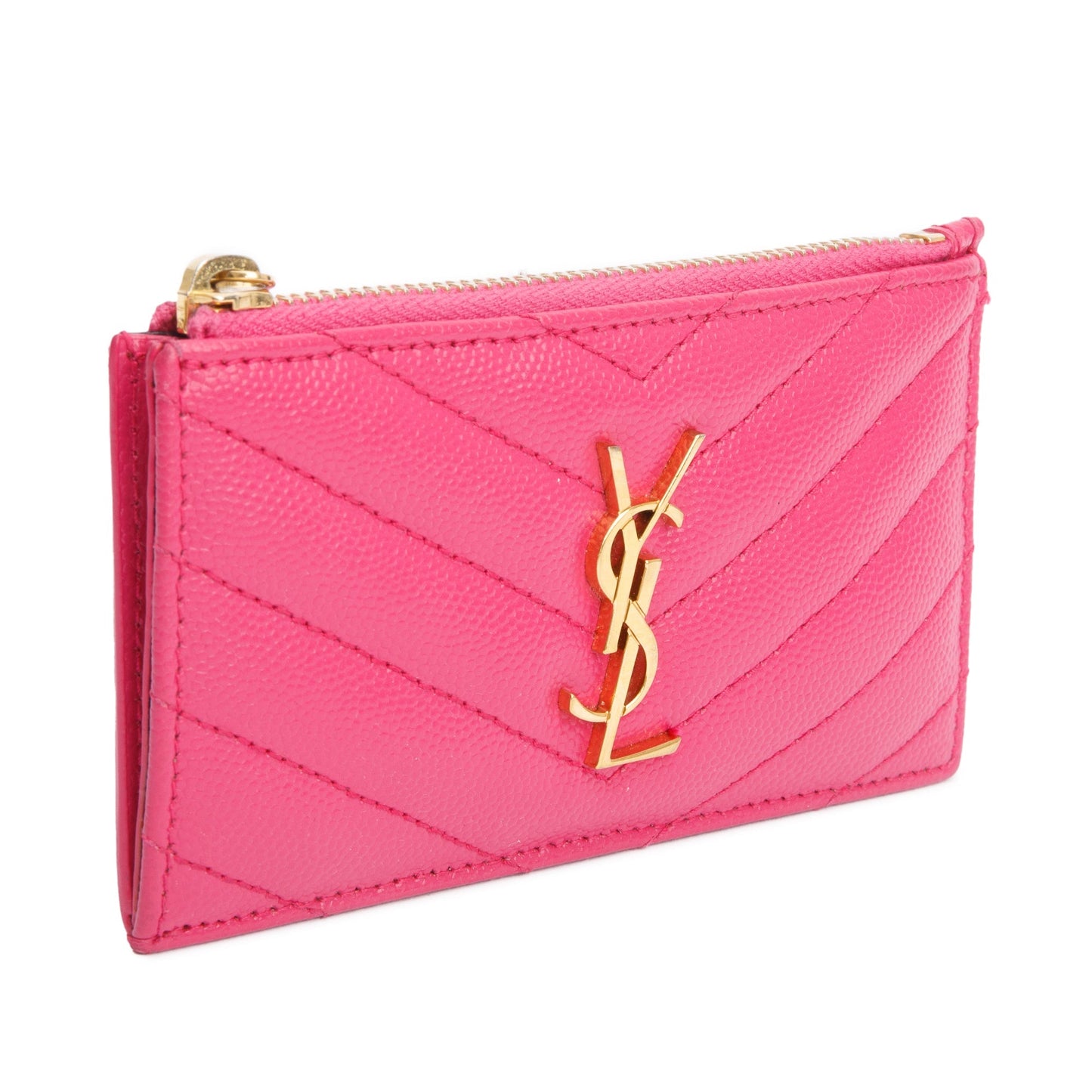 Saint Laurent 2022 Pink Grain De Poudre Leather Cassandre Matelasse Fragments Zipped Card Case