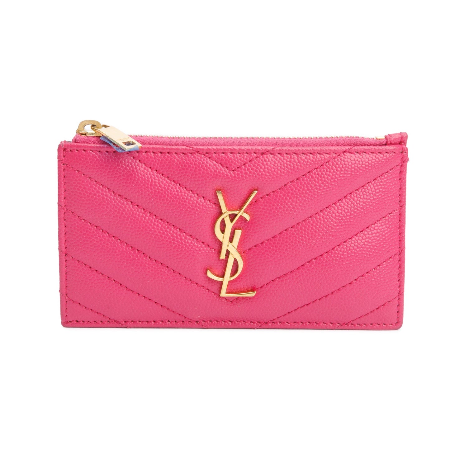 Saint Laurent 2022 Pink Grain De Poudre Leather Cassandre Matelasse Fragments Zipped Card Case