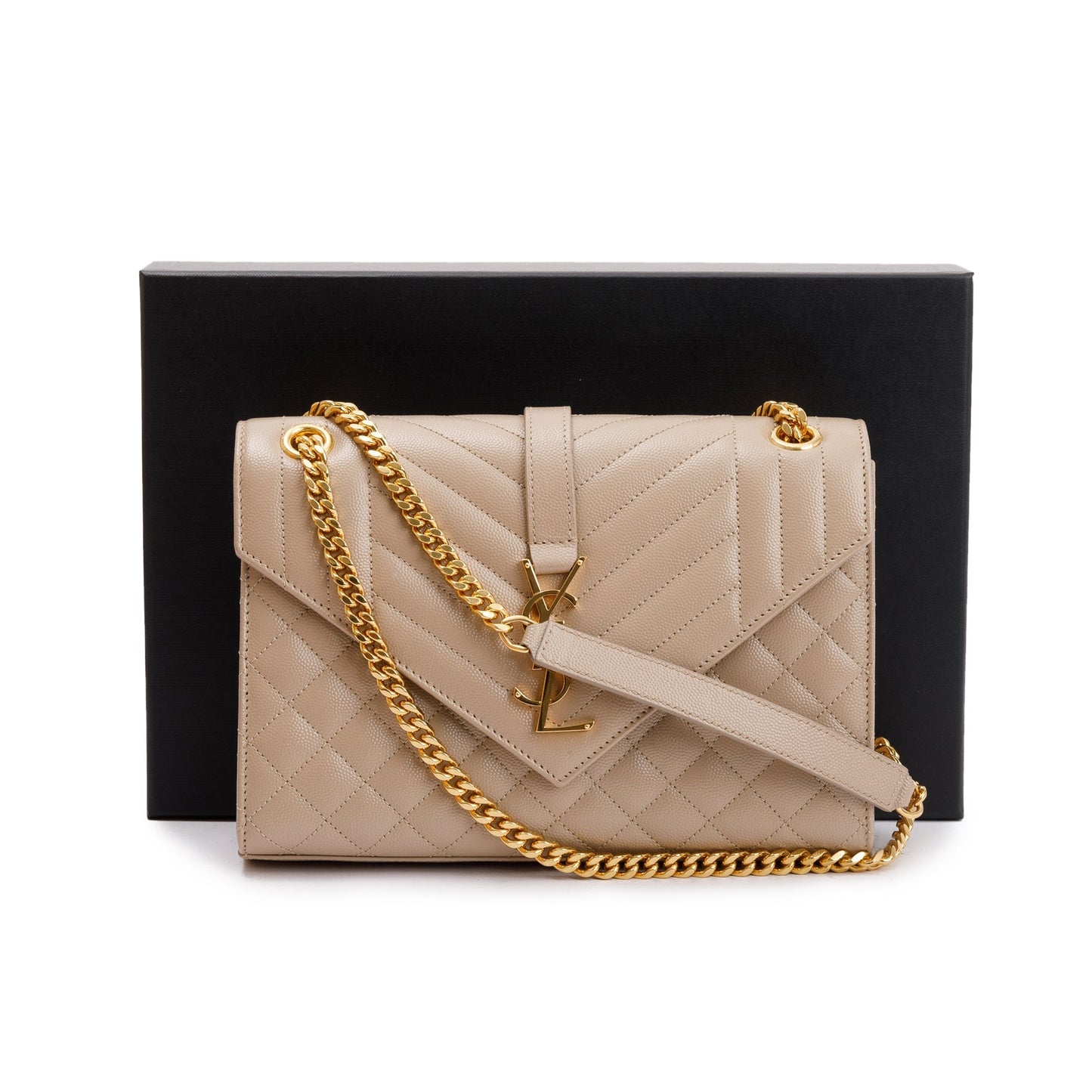 Saint Laurent 2023 Beige Grained De Poudre Medium Envelope Shoulder Bag