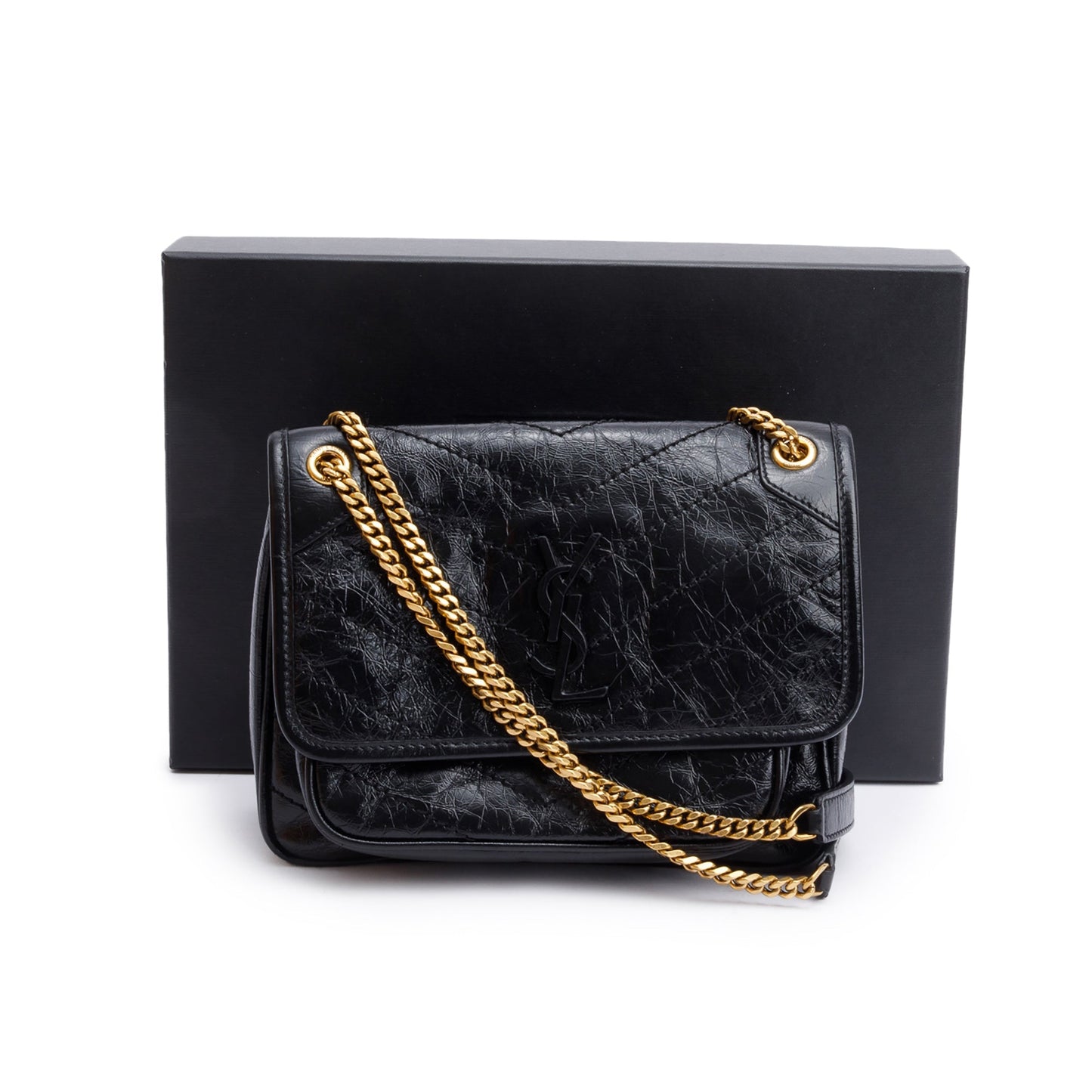 Saint Laurent 2023 Black Crinkled Calfskin Leather Baby Niki Shoulder Bag