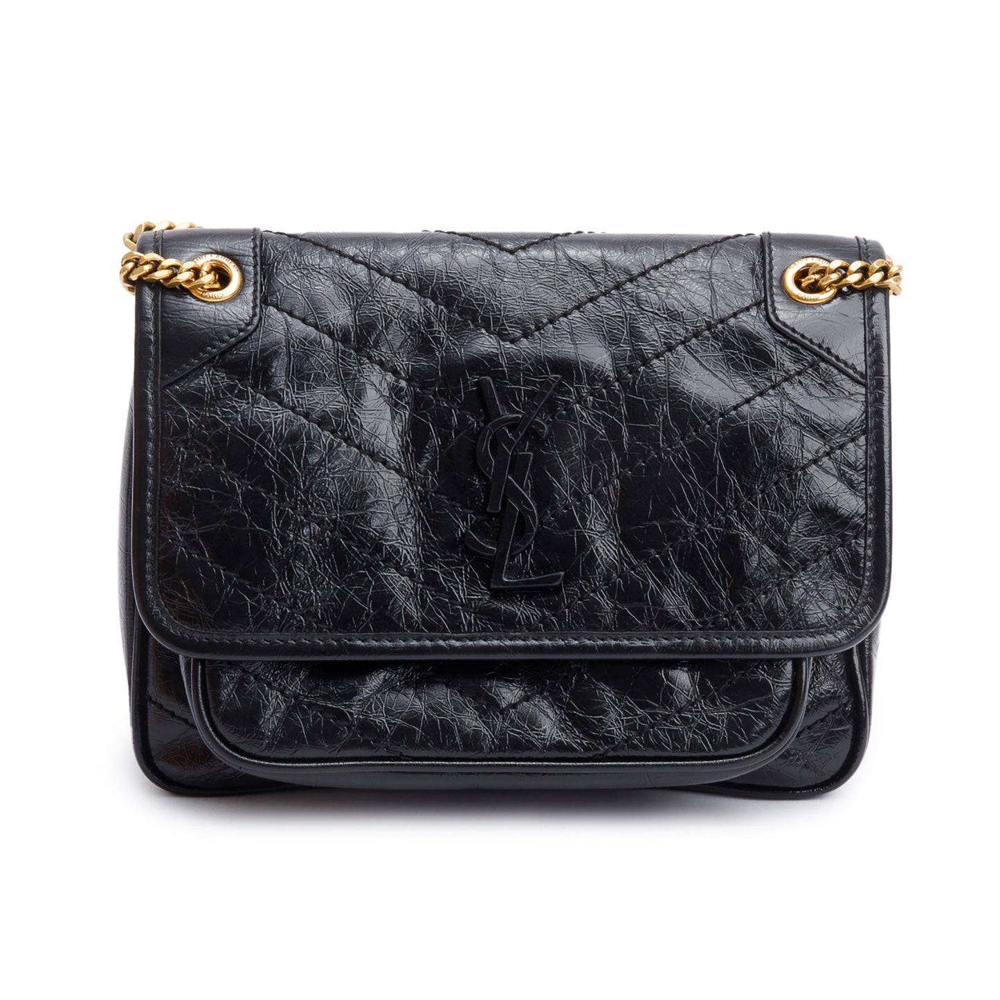 Saint Laurent 2023 Black Crinkled Calfskin Leather Baby Niki Shoulder Bag