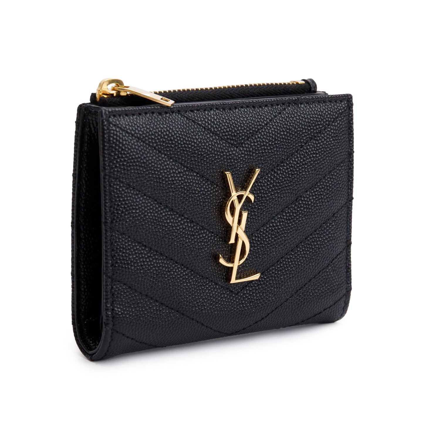 Saint Laurent 2023 Black Grain de Poudre Leather Cassandre Matelasse Bi-Fold Wallet