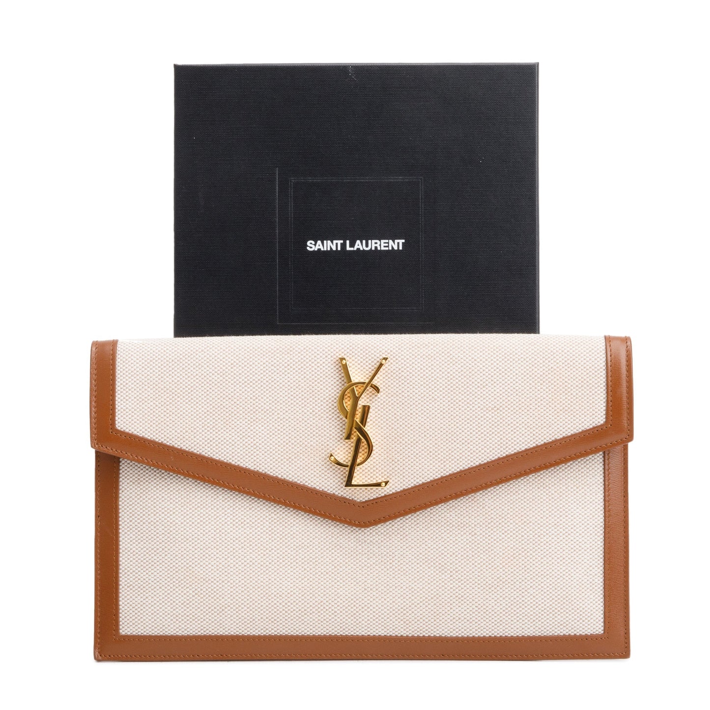 Saint Laurent 2023 Neutral Canvas Brown Smooth Leather Uptown Pouch