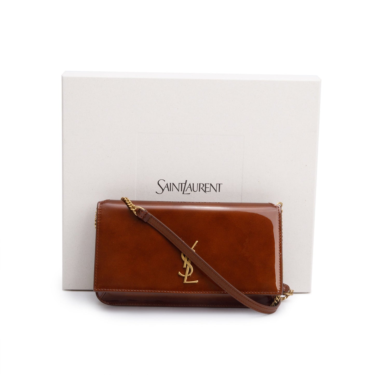 Saint Laurent 2024 Brown Patent Leather Cassandre Phone Holder
